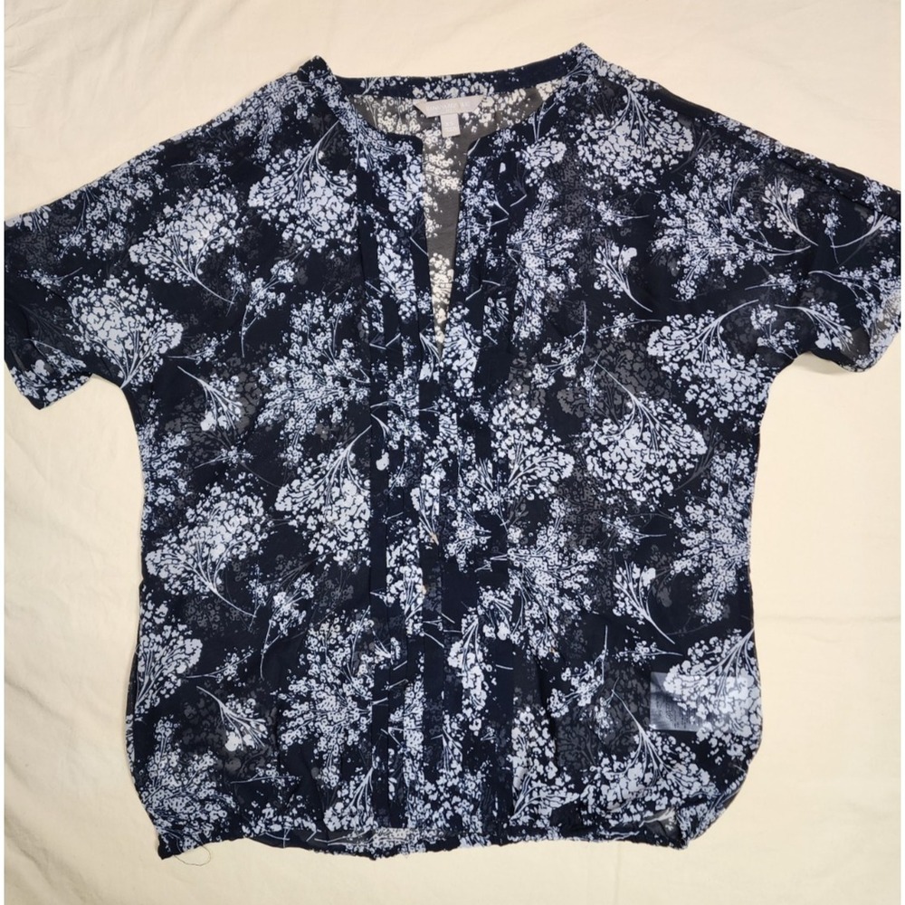 Banana Republic Top Women Size XS Short Sleeve Blouse Black White Plant Design